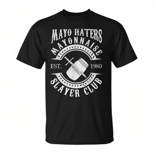 Mayo Haters Club T-Shirt unisexe à manches courtes et col rond, design graphique Anti Mayonnaise Slayer, Est 1980 - Product Image 2