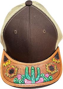 <b>Tooled</b> Leather Cap CUSTOMIZABLE CAP Cowboy Leather Cap Western Summer Trucker Handtooled Hat Patch Hat Handmade Summer Cap - Product Image 2