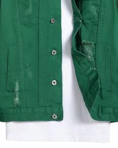 Veste en jean déchirée pour homme, style camionneur, streetwear décontracté, boutonnée, couleur verte - Product Image 5