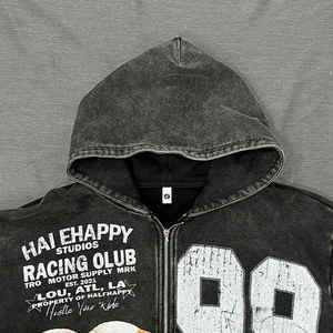 Sudaderas con capucha desgastadas lavadas con ácido de invierno para hombres Pulpover/cremallera Material polar suave MOQ bajo suministro al por mayor liso teñido sólido - Product Image 1