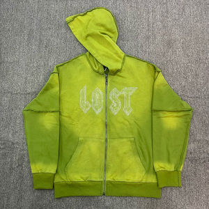 Sweat à capuche zippé pour homme en coton 100% délavé à l'acide, en molleton bouclette, avec strass, style vintage, couleur unie, col à capuche, haute qualité - Product Image 6