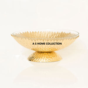 Cuenco de pie de metal de hierro de color dorado a la moda con vidrio elegante en forma redonda para fines decorativos y de servicio - Product Image 1