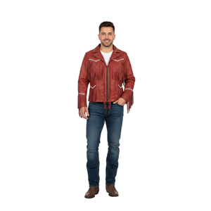 Crimson <b>Western</b> Fringe Satin Leather <b>Jacket</b>-Custom Logo Fur & Stripe Trim Solid Pattern - Product Image 2