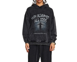 เสื้อฮู้ดดี้ผู้ชายสไตล์อเมริกันเรโทรสีดำฟอกยีนส์ทรงหลวมพิมพ์ลาย DTG แบบสั่งทำได้ แบรนด์แฟชั่นแนวสตรีทสุดฮิต - Product Image 1