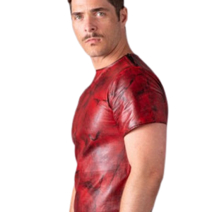 T-shirt en cuir rouge vieilli effet faux cuir pour homme, style clubwear fétiche, col rond, haut tendance - Product Image 2