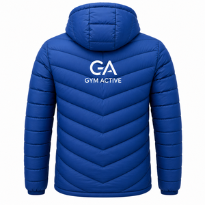 <b>GYM</b> ACTIVE Men's Blue Shiny Hooded Puffer <b>Jacket</b> Windproof Quilted Polyester Winter Casual Outdoor Wear Front Logo Embroidery - Product Image 2