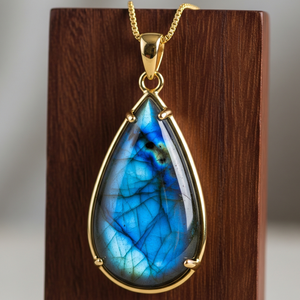 Chaîne délicate personnalisable en argent sterling 925 avec pendentif goutte en or 18 carats et labradorite taille ovale, cristal de guérison, style bohème, troisième - Product Image 5