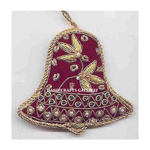 Ornements de Noël en forme de cloche, broderie dorée en zari, matériau en tissu, couleur marron, utilisés pour la décoration de fête de festival - Product Image 1