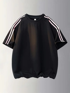 T-shirts Rayés Rétro-Coupe Ample Décontractée à Manches Courtes et Col Rond en Noir, Blanc et Bleu Marine pour Homme du Bangladesh - Product Image 2