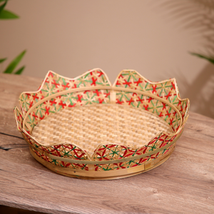 Plateau décoratif en bambou tissé à la main coloré Plateau de service rond en bambou Décoration d'intérieur - Product Image 3