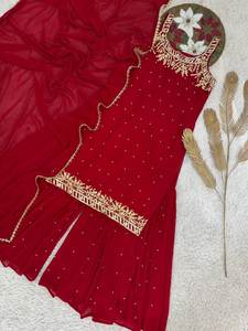 Heavy Designer Party Wear Faux Georgette Sequence & Embroidery With Rivet Moti Work <b>Top</b> and Sharara and Lace Border Dupatta - Product Image 6