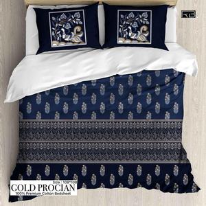 Oro ProCian King Size Premium algodón Floral Mughal bloque estampado azul oscuro lujo ajustado y sábanas planas - Product Image 1