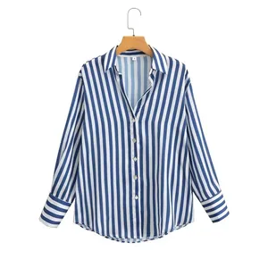 Striped print blue and white color long sleeve turn down collar casual shirts for women breathable quick dry cotton t shirts