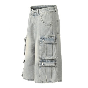 กางเกงขาสั้นผ้ายีนส์ขาสั้นทรงหลวม7จุดแบบมีซิปและเชือกรูดสำหรับผู้ชายกางเกงขาสั้นผ้ายีนส์หลายกระเป๋าทำงานฤดูร้อน - Product Image 3