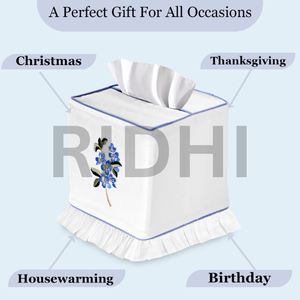 Funda para Caja de Pañuelos de Tela Ecológica Clásica con Volantes Bordados en Azul Periwinkle de Ridhi, Porta Servilletas Decorativo Floral Hecho a Mano - Product Image 5