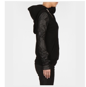 High Quality 100% Cotton <b>Black</b> French Terry <b>Hoodie</b> with <b>Zipper</b> Customized Leather Sleeve Eco-Friendly Outdoor Workout Winter - Product Image 5