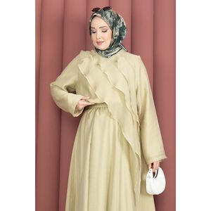 Robe asymétrique à volants en lin 100% pour hiver et printemps, style mousseline, 2 pièces, couleur vert olive, style club, manches courtes - Product Image 2