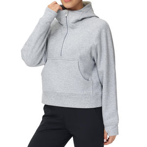 Custom <b>Women's</b> Hooded Sweatshirts Long Sleeve <b>Half</b> <b>Zip</b> <b>Fleece</b> Crop Pullover Tops Thumb Hole Pockets for Winter Athletic Front - Product Image 3