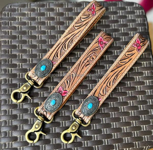 พวงกุญแจหนังแบบมีสายรัดสำหรับอุปกรณ์เสริมพวงกุญแจหนังลายดอกไม้ - Product Image 2