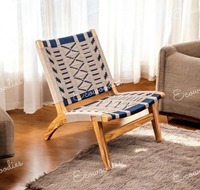 Fauteuil lounge d'appoint en bois de teck moderne de bonne qualité, tressé en corde, pour intérieur et extérieur, couleur bleu et blanc, personnalisable pour chambre et parc