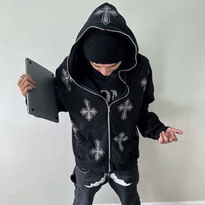 Logotipo personalizado 100% algodón francés Terry impreso rhinestone negro sudaderas con capucha hombres en blanco de gran tamaño de cara completa con cremallera Sudadera con capucha personalizada - Product Image 3