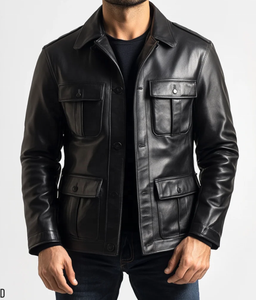 Veste en cuir de vache véritable pour homme, col montant, logo sur le devant, style workwear vintage, fermeture éclair, quatre poches, vêtements d'hiver - Product Image 1