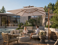Parasol cantilever carré 3x3m avec levage hydraulique, mât en aluminium imitation bois, auvent en tissu teint, pliable, imperméable, base en fonte pour