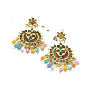 Gold Plated Meenakari Multicolor Chandbali Chandelier Earrings with Monalisa Stone Fashion Jewelry - Product Image 3