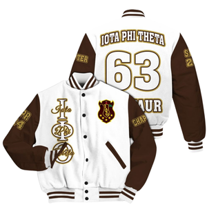 Iota Phi Theta 1963 Université Style Stand Broderie Avant Varsity Veste Letterman Marron Or Grec Vie Vêtements Fraternité - Product Image 1