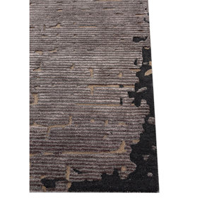 Alfombra de Lana y Viscosa Tejida a Mano en Gris y Negro con Diseño Abstracto de Rayas Rectangulares para Sala de Estar, Modelo TR-15282 - Product Image 4