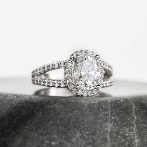 Oval Cut <b>Split</b> Shank Halo Moissanite Engagement <b>Ring</b> - Product Image 5