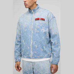 Chaqueta vaquera Vintage con cremallera de talla grande de Hip Hop de alta calidad para hombre, chaqueta con cuello levantado y logotipo bordado personalizado - Product Image 1