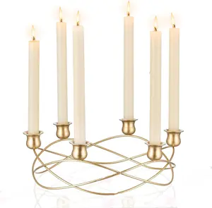 Support de bougies avec base en fil de fer ondulé Design arraché Bougeoir à six têtes Fabricant de centre de table de mariage doré et brillant - Product Image 1