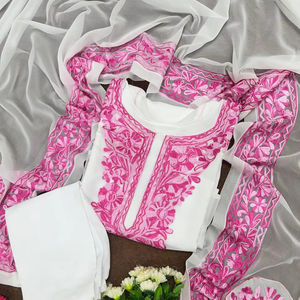 Costume Salwar rose blanc de haute qualité pour femmes travail cousu en chaîne avec tissu en soie Faux Georgette pour les fêtes - Product Image 1