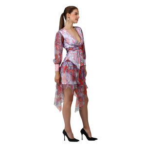 Robe en filet asymétrique imprimée à fleurs élégante pour femmes col en V manches longues robe de soirée en couches naturelles pour les occasions spéciales ceinture - Product Image 5