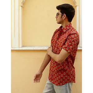 Camisa Casual de Algodón Popelín Rojo Estampada para Hombre, Manga Corta, Cuello Mao o Sin Cuello, Talla 6XL, 100% Algodón, Suministro ODM - Product Image 2
