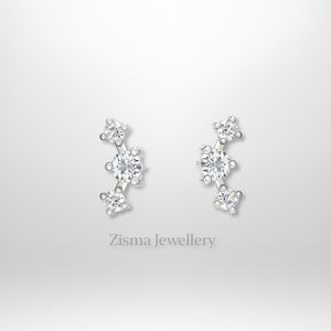 Boucles d'oreilles de luxe Trio Diamond Curve Stud 14K 18K Solid Gold VVS DEF Real Lab Grown and Natural Diamonds IGI GIA Certified - Product Image 2