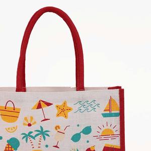 Eco-World Bags Bolsa de compras de yute rojo con asa acolchada de algodón Patrón de logotipo personalizado de tamaño mediano para regalos corporativos de viaje Más - Product Image 2