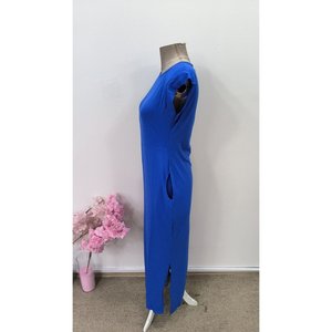 Robe longue rembourrée à manches courtes pour femme avec détail poche et fente, viscose, 31501 - Product Image 5