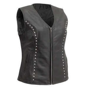 <b>Women's</b> Genuine Leather Vest Zipper Motorbike <b>Waistcoat</b> Studded V Neck Outerwear OEM Custom - Product Image 2