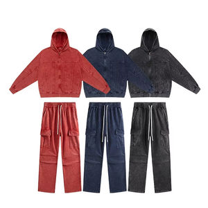 Conjunto de sudaderas con capucha y cremallera para hombre, sudaderas con capucha de ganchillo con patrón sólido, pantalones de pierna ancha con bolsillos utilitarios, estilo lavado - Product Image 1