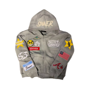 Sweat à capuche en molleton respirant écologique pour homme avec fermeture éclair, imprimé DTG personnalisé, lavage à l'acide, streetwear, strass brodés - Product Image 1