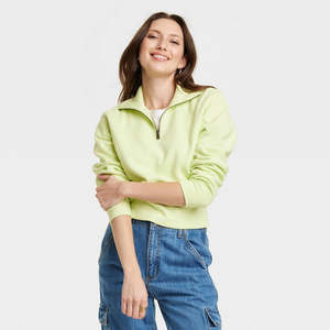 Felpa Corta da Donna Verde Lime con Zip a Quarto, Collo Alto, Traspirante, in Maglia Forata, Taglia L Universale per l'Autunno - Product Image 1