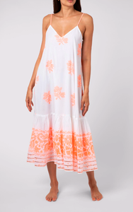 2023 nouvelle saison Orange col en V femmes robe mi-longue Ultra flatteur néon Orange Dhaka imprimer Unique dentelle décorée robe d'été - Product Image 3