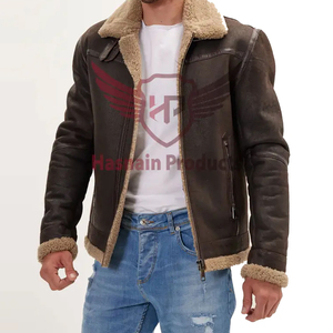 Chaqueta de Cuero Marrón Auténtico para Hombre, con Cuello de Piel de Oveja, Bolsillos con Cremallera, Chaqueta de Aviador B3, Abrigo Grueso y Cálido para Invierno, Personalizable - Product Image 3