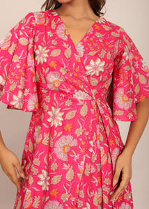 Robe midi en angrakha à motif rose et blanc, faite à la main, une pièce, mode féminine 2025, robe longue pour femmes, manches longues, créateur - Product Image 2