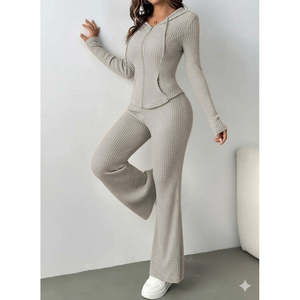 Conjunto de Dos Piezas de Blusa y Pantalón con Cierre Frontal y Mangas Largas para Mujer, 28790 - Beige - Product Image 1