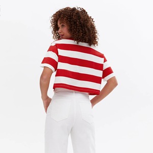 Women's Red White Crop <b>Top</b> Short Sleeve Crew Neck Casual T-Shirt Spring Summer Wear Canvas Embroidery Eco-Friendly - Product Image 3