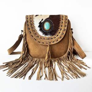 Nouveau sac à main tendance vintage bohème pour femmes, sac à bandoulière en cuir véritable avec fermeture éclair, franges, pompon, pierre turquoise, daim - Product Image 1