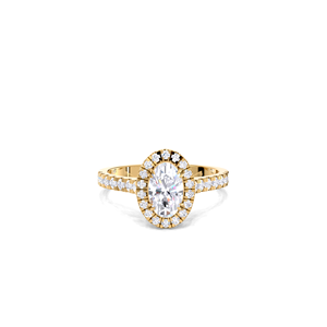 Bague de fiançailles en diamant ovale 1,53 carat avec double halo, en or jaune, blanc et rose 9K, tige pavée, bague de mariée - Product Image 6